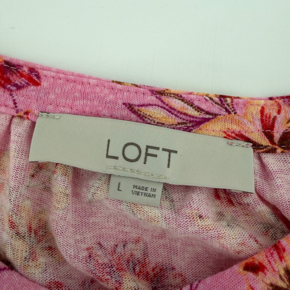 LOFT Womens Large Pink Floral Henley Top Short Sleeve Cotton Blend Relaxed Fit - Picture 3 of 6